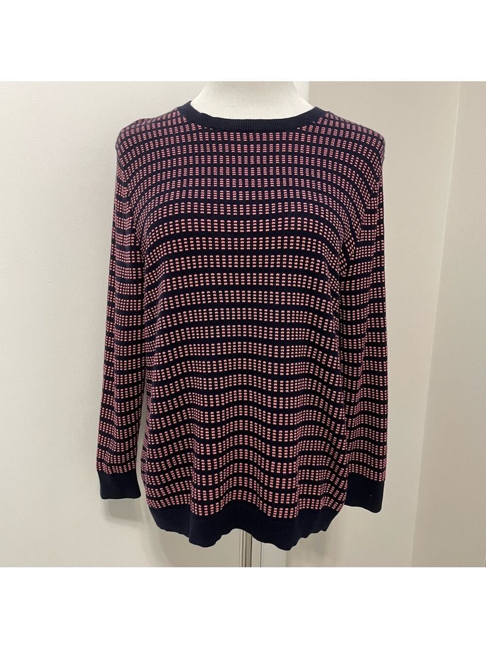 J. Crew Textured Crewneck Knit Sweater Navy & Pink 3/4 Length Sleeve Size XL